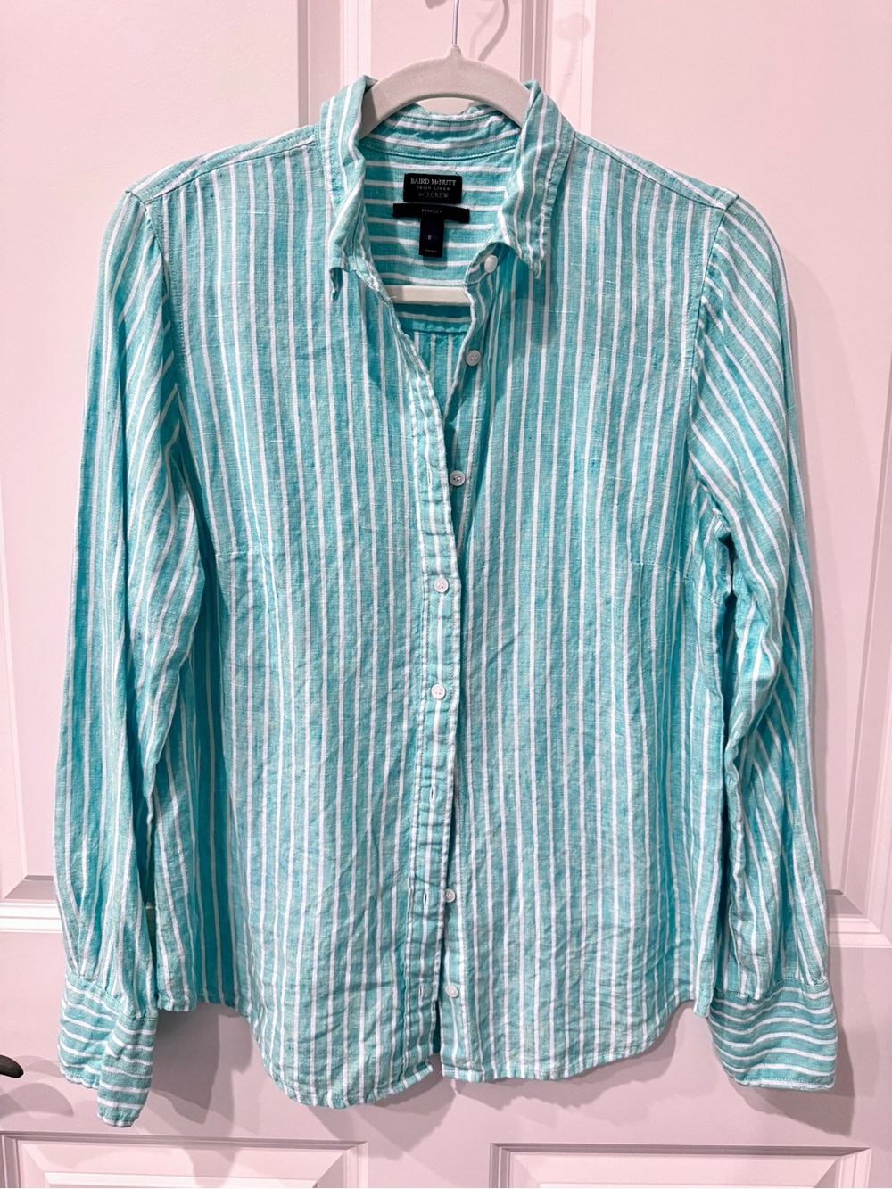 Baird McNutt for J Crew Aqua and White Striped Linen Button-Down Shirt, size 8.